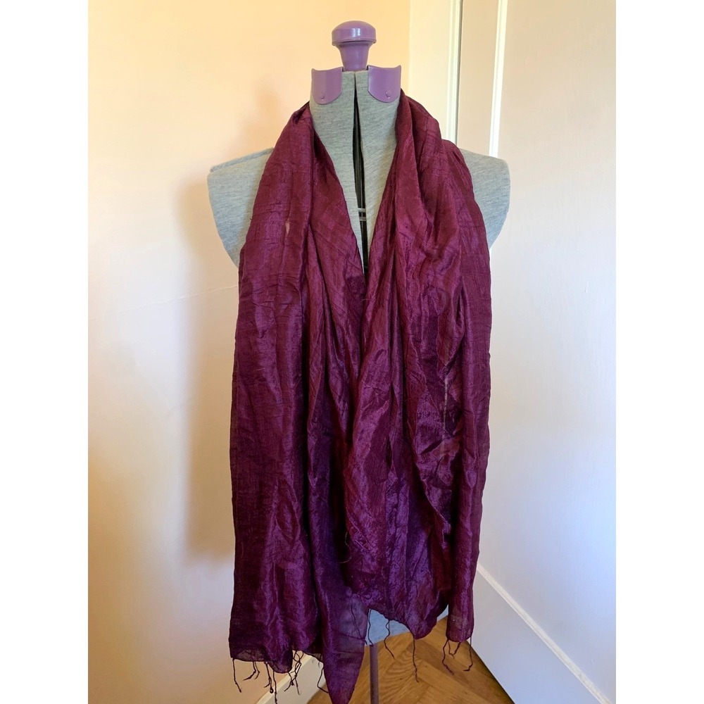 Plum Purple Raw Silk Textured Scarf Wrap Twist Fringe Boho Natural